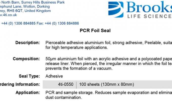 PCR Foil Seal Data Sheet