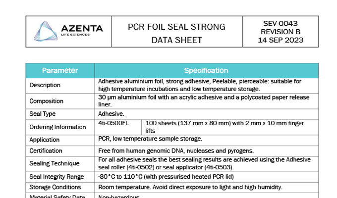 PCR Foil Seal Strong Data Sheet