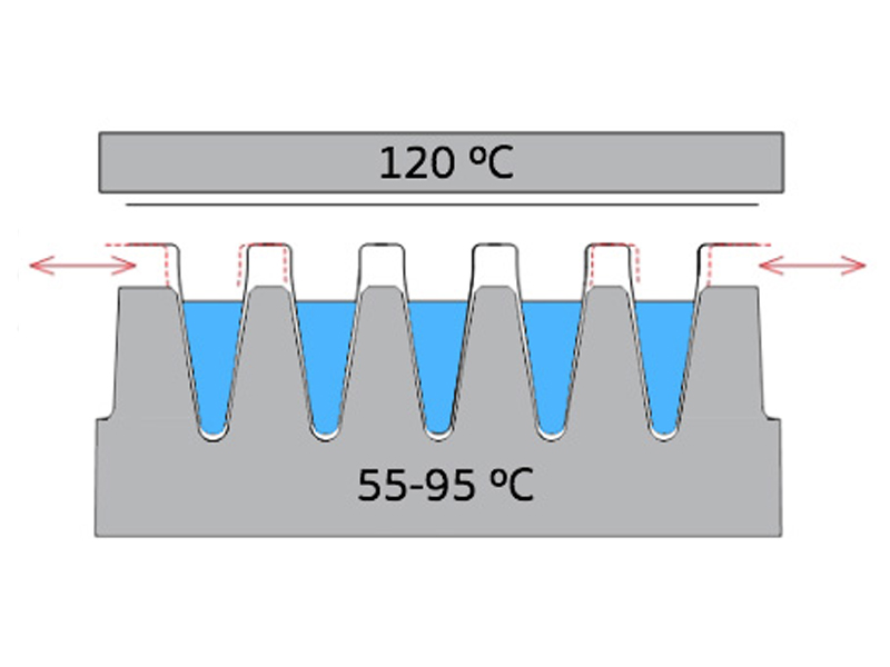 Figure 2: Side-on view of a PCR plate in a thermal cycler. The sealed plate is sandwiched between the cycler block and the heated lid, but it is only partly fixed in position at the bottom of tubes, allowing the plate to expand horizontally