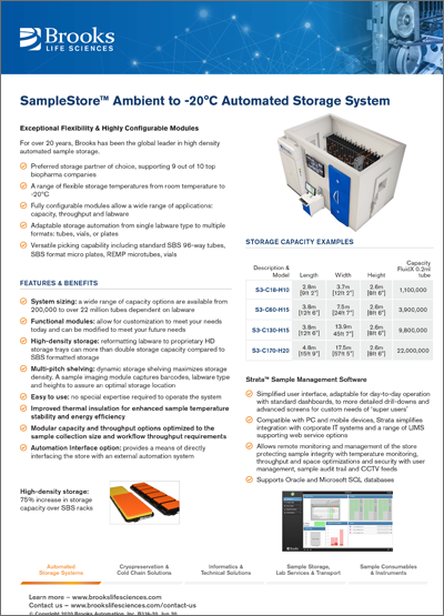SampleStore™ Ambient to -20°C Automated Sample Storage System Flyer