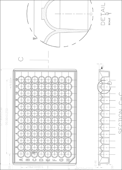 96 Round Well Storage Microplate (330 µl, U shaped) Technical Drawing