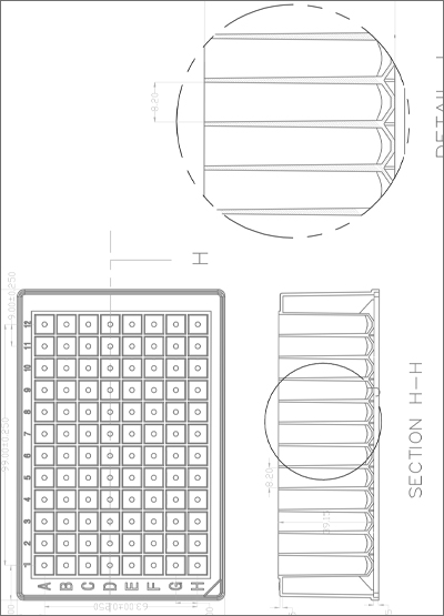 96 Square Deep Well Storage Microplate (2.2 ml, U-Shaped) Technical Drawing
