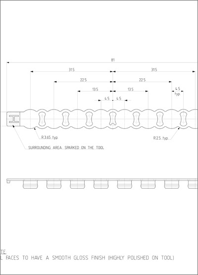 Strips of 8 Flat Sealing Caps Technical Drawing