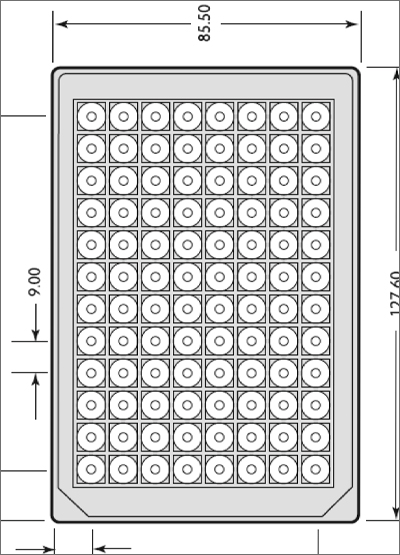 96 Square Deep Well Storage Microplate (2.2 ml, V-Shaped) Technical Drawing