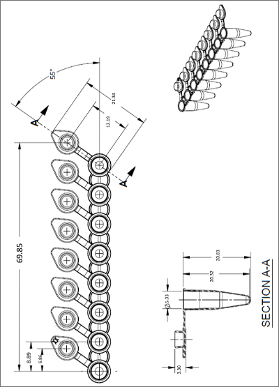 8 Well PCR Tube Strip, With Attached Flat Caps Technical Drawing