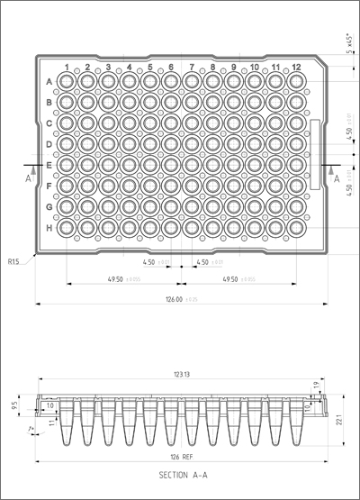 96 Well Semi-Skirted PCR Plate With Upstand, ABI Style Technical Drawing