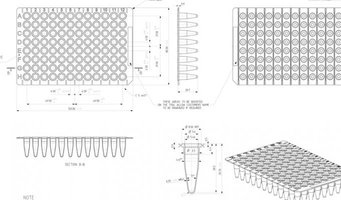 96 Well Non-Skirted PCR Plate Breakable Horizontally or Vertically Technical Drawing