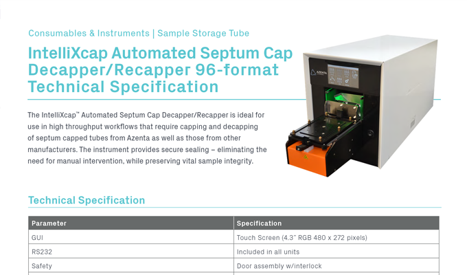 IntelliXcap™ Automated Septum Cap Decapper/Recapper 96-format Technical Specifications
