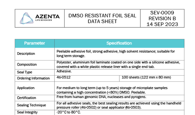 DMSO Resistant Foil Seal Data Sheet