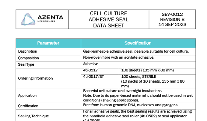 Cell Culture Adhesive Seal Data Sheet
