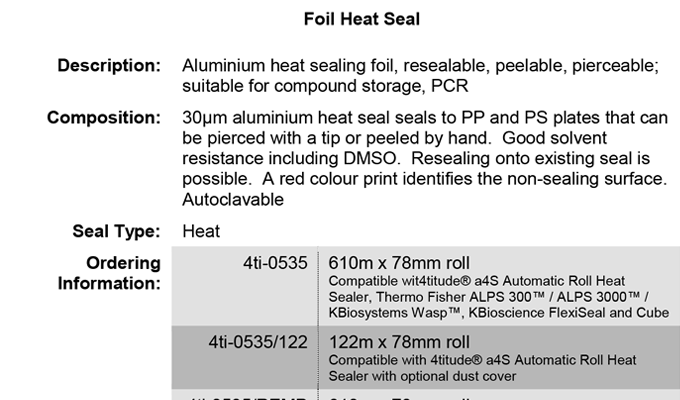 Foil Heat Seal Data Sheet Request