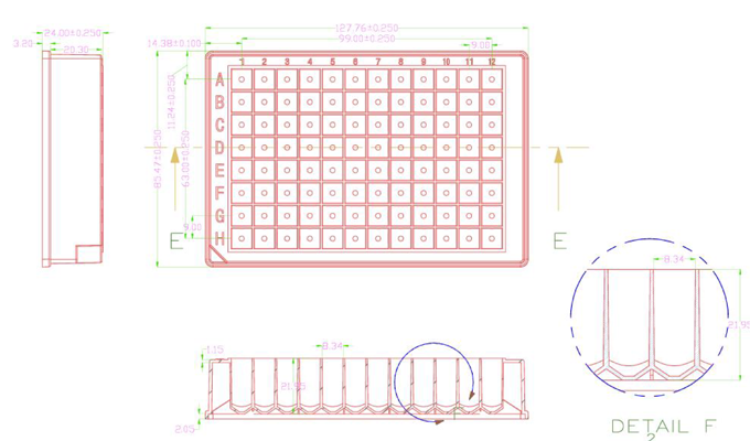 96 Square Deep Well Storage Microplate (1.2ml, U-Shaped) Technical Drawing