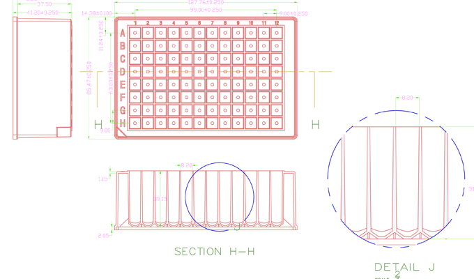 96 Square Deep Well Storage Microplate (2.2ml, U-Shaped) Technical Drawing