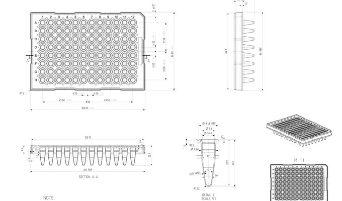 96 Well Semi-Skirted PCR Plate With Upstand, ABI® Style Technical Drawing