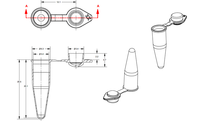 Individual PCR Tubes, With Attached Domed Caps Technical Drawing