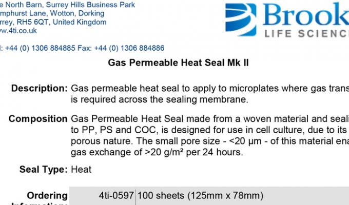 Gas Permeable Heat Seal Data Sheet