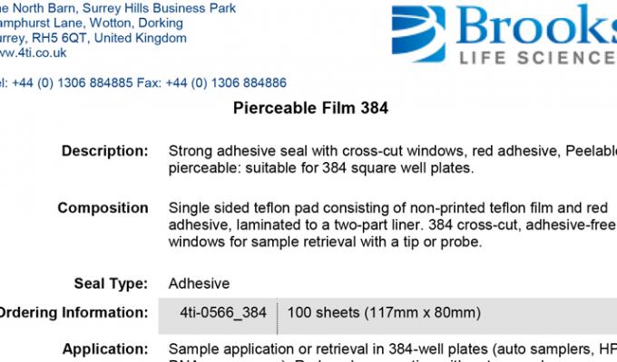 Pierceable Film Strong Adhesive, 384 Cross-Cut Windows Data Sheet