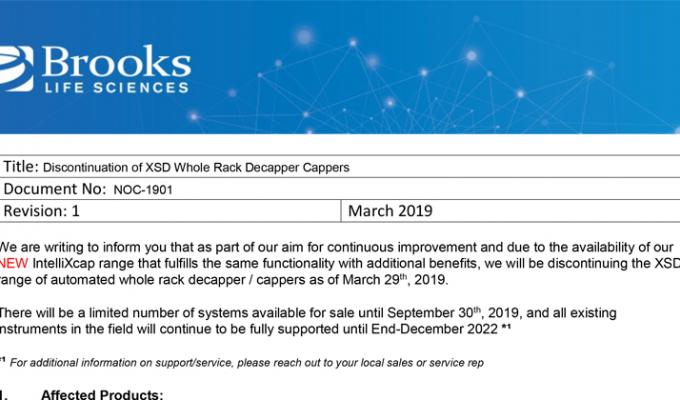 Discontinuation of XSD Whole Rack Decapper Cappers