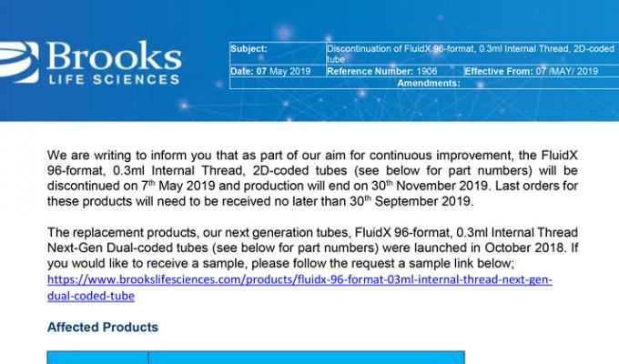 Discontinuation of FluidX 96-Format, 0.3 ml Internal Thread, 2D-Coded Tubes