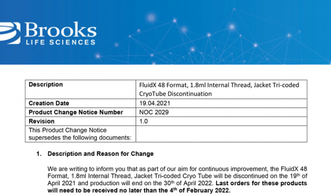Discontinuation of FluidX 48-Format, 1.8ml Internal Thread, Jacket, Tri-Coded Cryo Tube