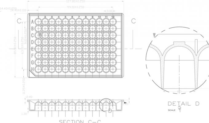 96 Round Well Storage Microplate (350 µl, U shaped) Technical Drawing