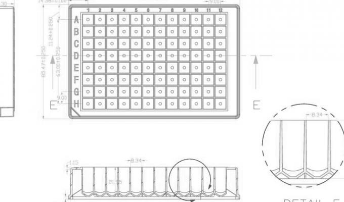 96 Square Deep Well Storage Microplate (1.2 ML, U-Shaped) Technical Drawing