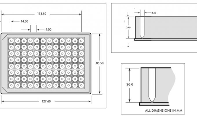 96 Square Deep Well Storage Microplate (2.2 ml, V-Shaped) Technical Drawing