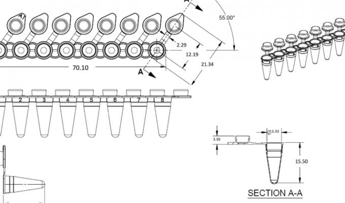 8 Well PCR Tube Strip, Low Profile, With Attached Flat Caps Technical Drawing