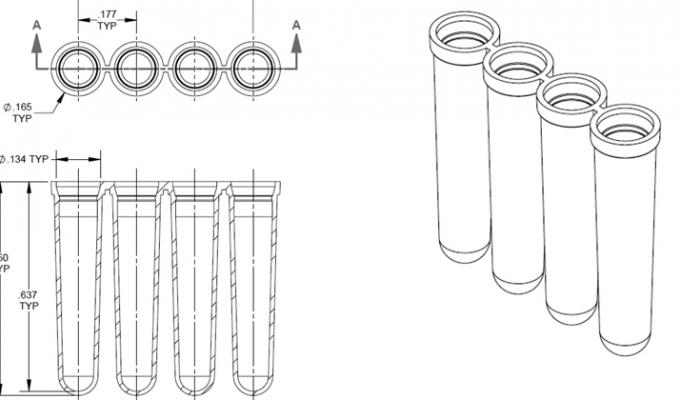 4 Well PCR Tube Strips, Rotor-Gene® Style, With Caps Technical Drawing