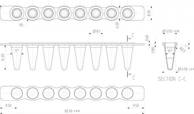 Removable 8 Well PCR Tube Strip Technical Drawing