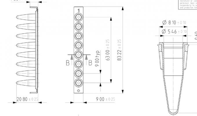 8 Well PCR Tube Strip with PC Frame Technical Drawing