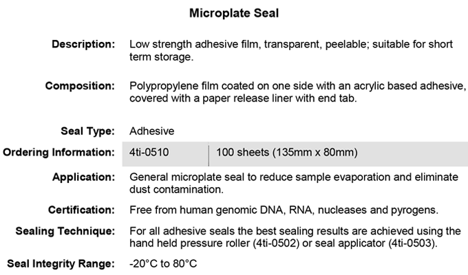 Microplate Seal Low Strength Adhesive Film Data Sheet
