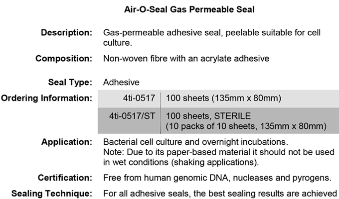 Cell Culture Adhesive Seal Data Sheet
