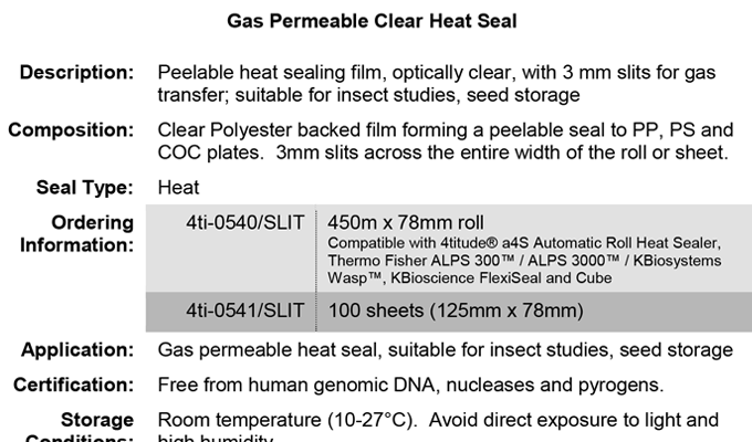 Clear Heat Seal, Peelable Film Data Sheet