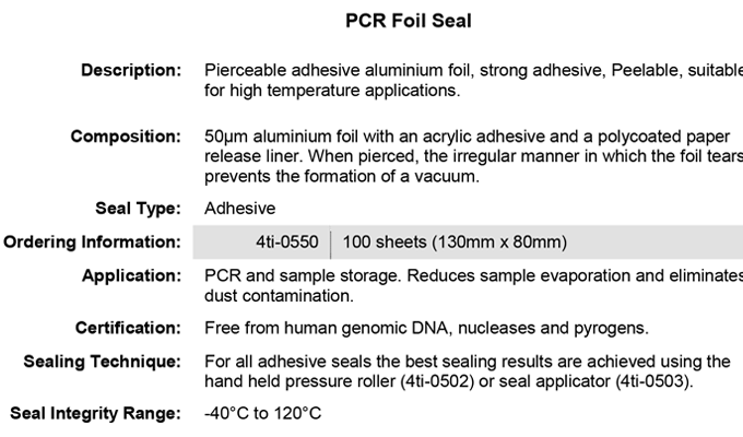 PCR Foil Seal Data Sheet Request