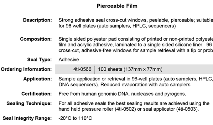 Pierceable Film Strong Adhesive, 96 Cross-Cut Windows Data Sheet
