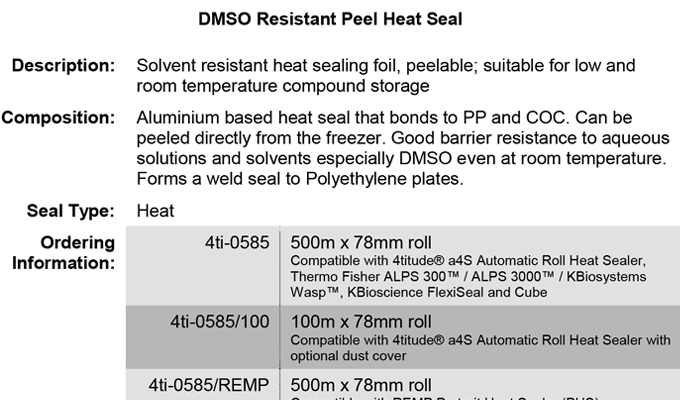 DMSO Resistant Peel Heat Seal Data Sheet Request