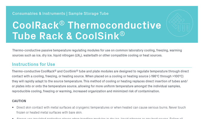 CoolRack™ Thermoconductive Tube Rack & CoolSink™ Thermoconductive Sink Instructions for Use