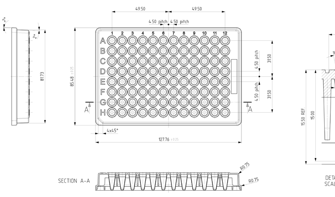 96 Round Well Storage Microplate (200µl, V shaped) Technical Drawing
