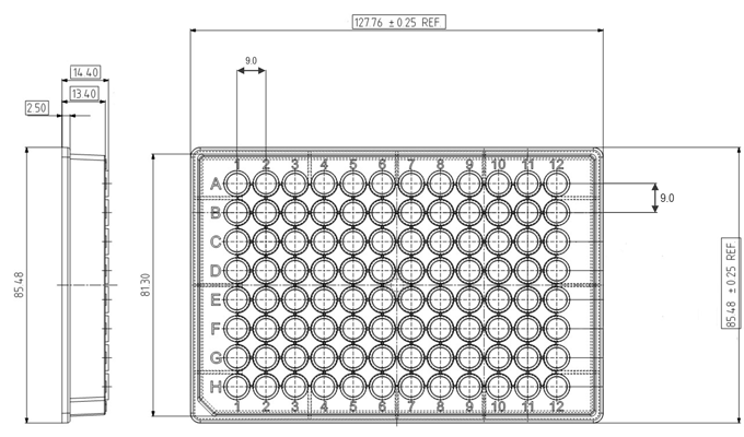 96 Round Well Storage Microplate (300µl, U shaped) Technical Drawing