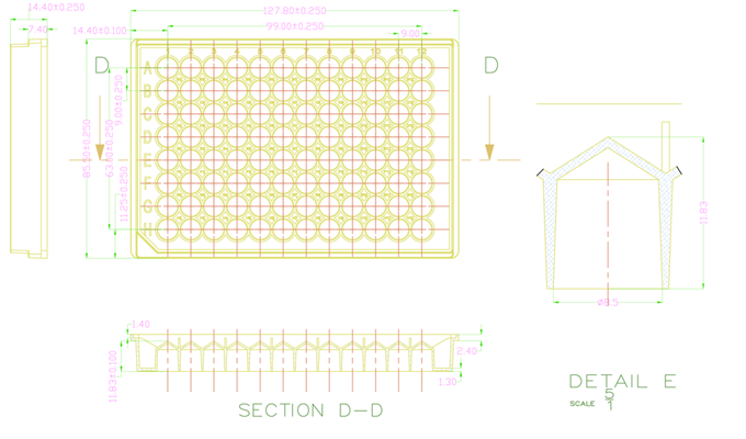 96 Round Well Storage Microplate (330µl, V shaped) Technical Drawing