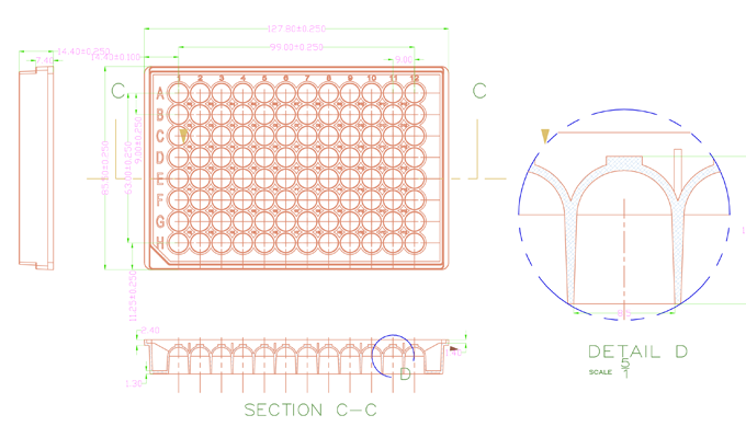 96 Round Well Storage Microplate (350µl, U shaped) Technical Drawing