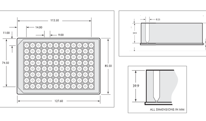 96 Square Deep Well Storage Microplate (2.2ml, V-Shaped) Technical Drawing