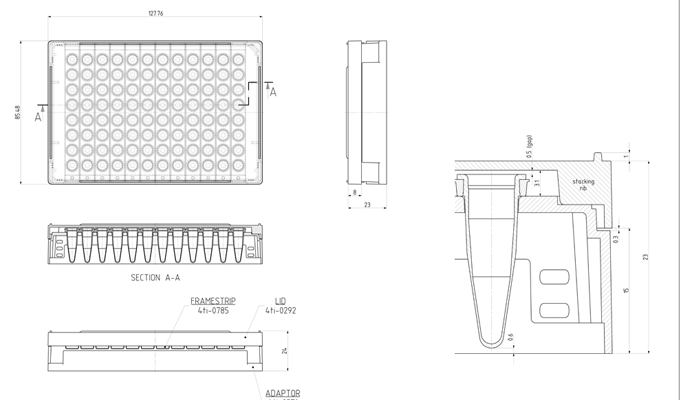 8 Well PCR Tube Strip Adapter, With Lid Technical Drawing
