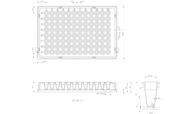 Individual Access 96 Well Skirted Flat Bottom PCR Plate, 2D Coded Technical Drawing