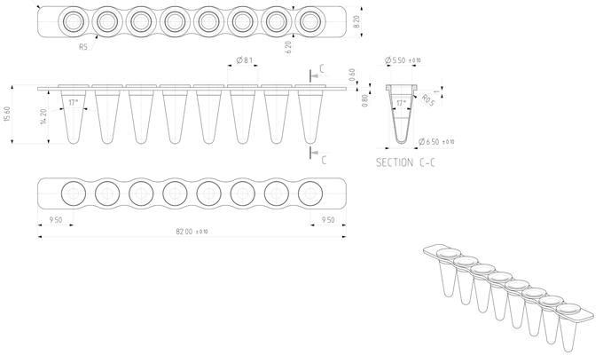Removable 8 Well PCR Tube Strip Technical Drawing