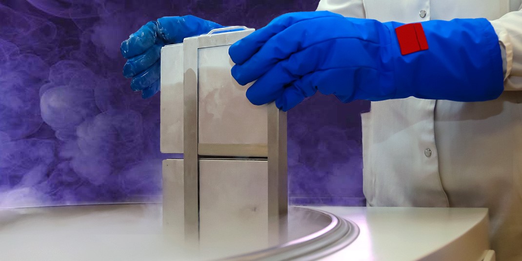 A scientist handles a rack of cryo cassettes in a liquid nitrogen freezer
