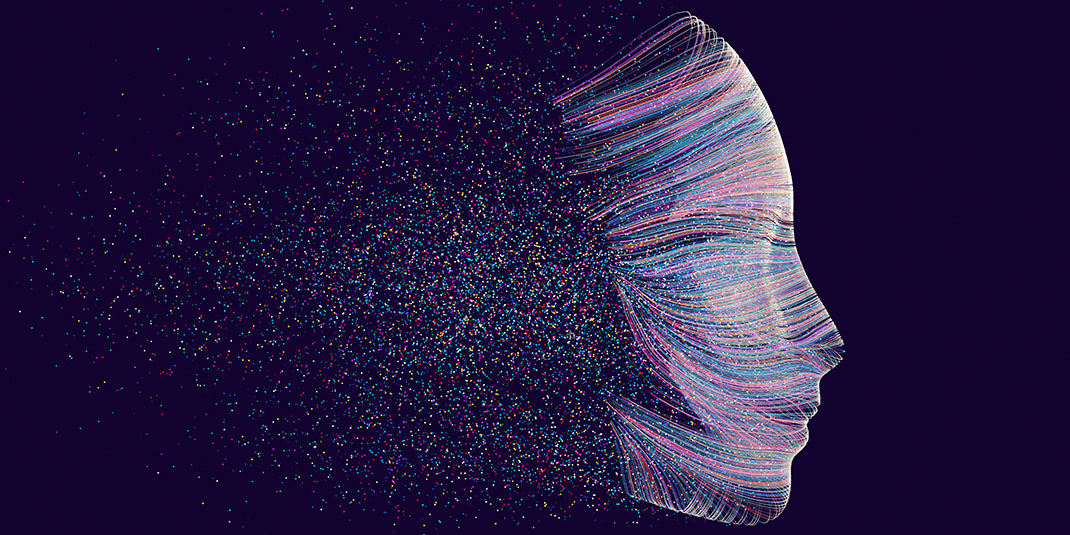 Particles assembling into lines that form a human face