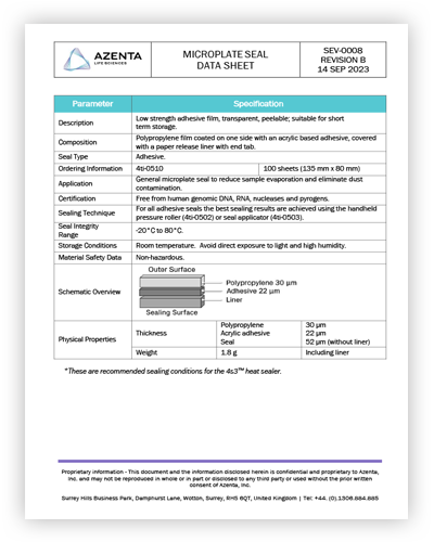 Microplate Seal Low Strength Adhesive Film Data Sheet