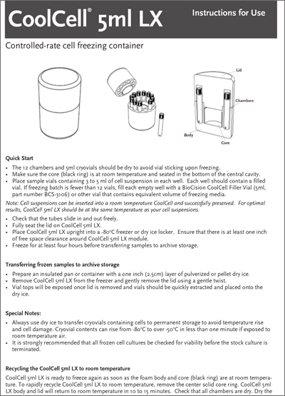 Alcohol-Free Cell Freezing Containers for 12 x 3.5ml to 5ml Cryo Tubes Instructions for Use